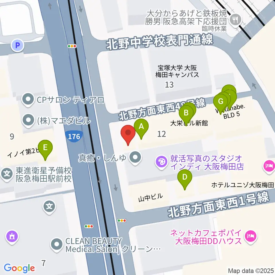 ワタナベ楽器店 大阪店周辺のファミレス・ファーストフード一覧地図