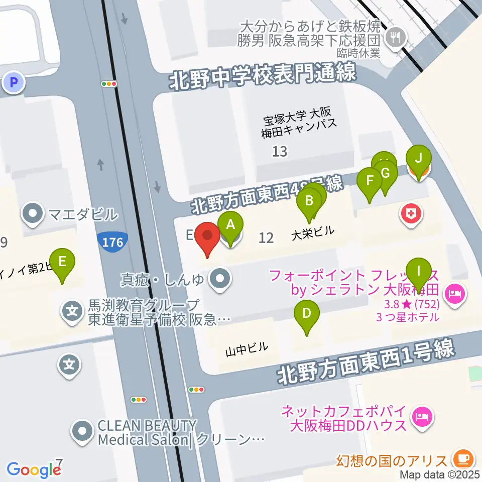 ワタナベ楽器店 大阪店周辺のファミレス・ファーストフード一覧地図