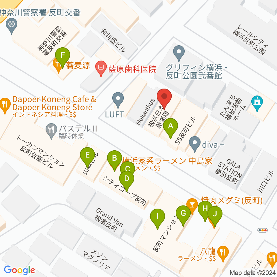 横浜日本屋楽器周辺のファミレス・ファーストフード一覧地図