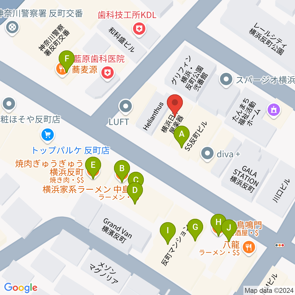 横浜日本屋楽器周辺のファミレス・ファーストフード一覧地図