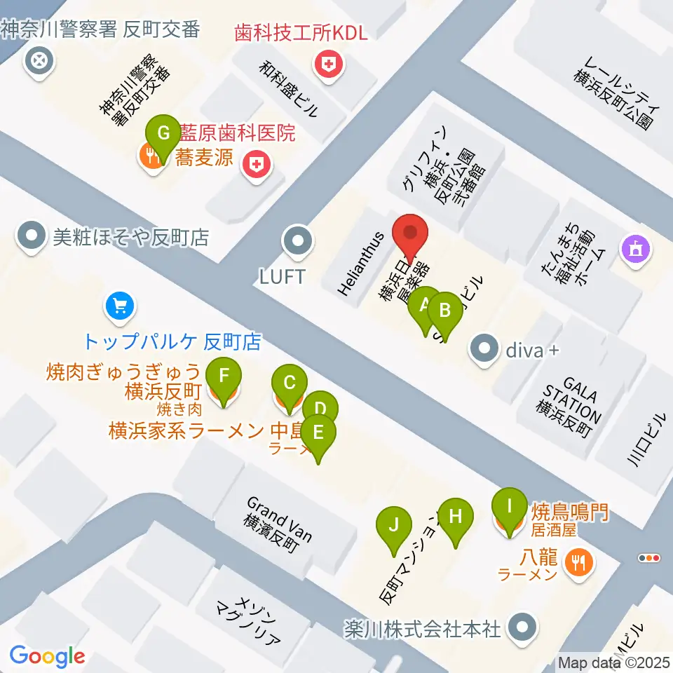 横浜日本屋楽器周辺のファミレス・ファーストフード一覧地図