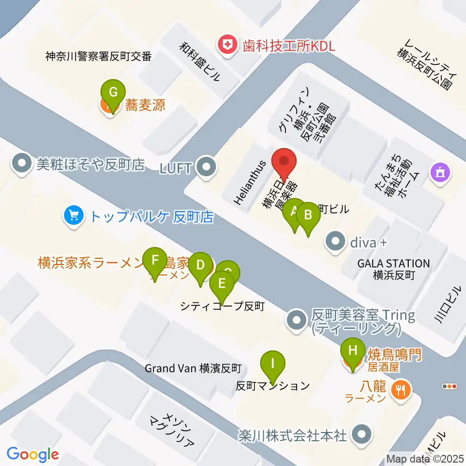 横浜日本屋楽器周辺のファミレス・ファーストフード一覧地図