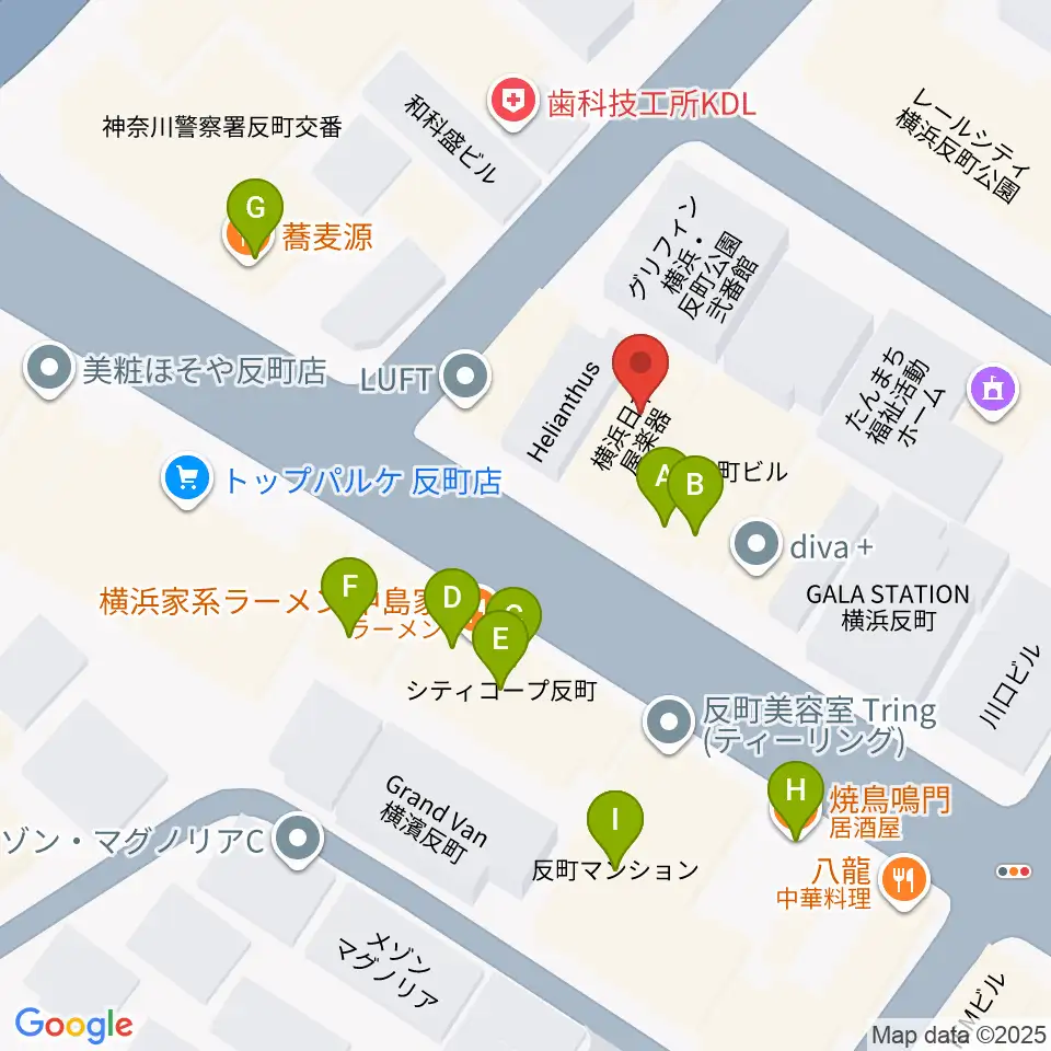 横浜日本屋楽器周辺のファミレス・ファーストフード一覧地図