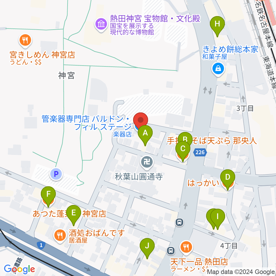 ヨモギヤ楽器 神宮前本店周辺のファミレス・ファーストフード一覧地図