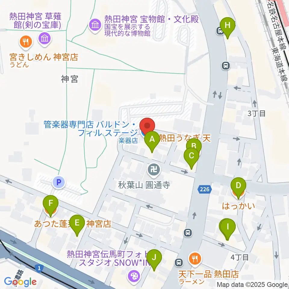 ヨモギヤ楽器 神宮前本店周辺のファミレス・ファーストフード一覧地図