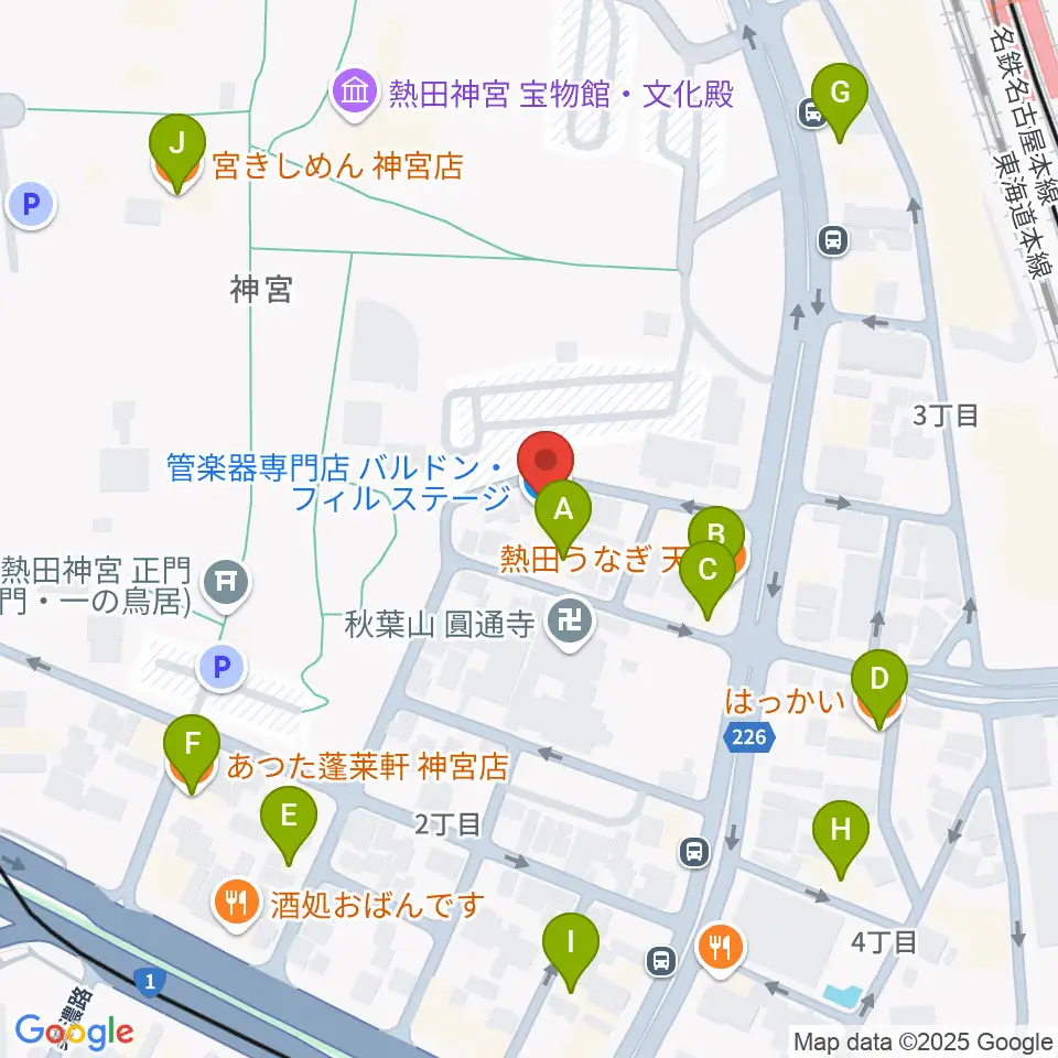 ヨモギヤ楽器 神宮前本店周辺のファミレス・ファーストフード一覧地図