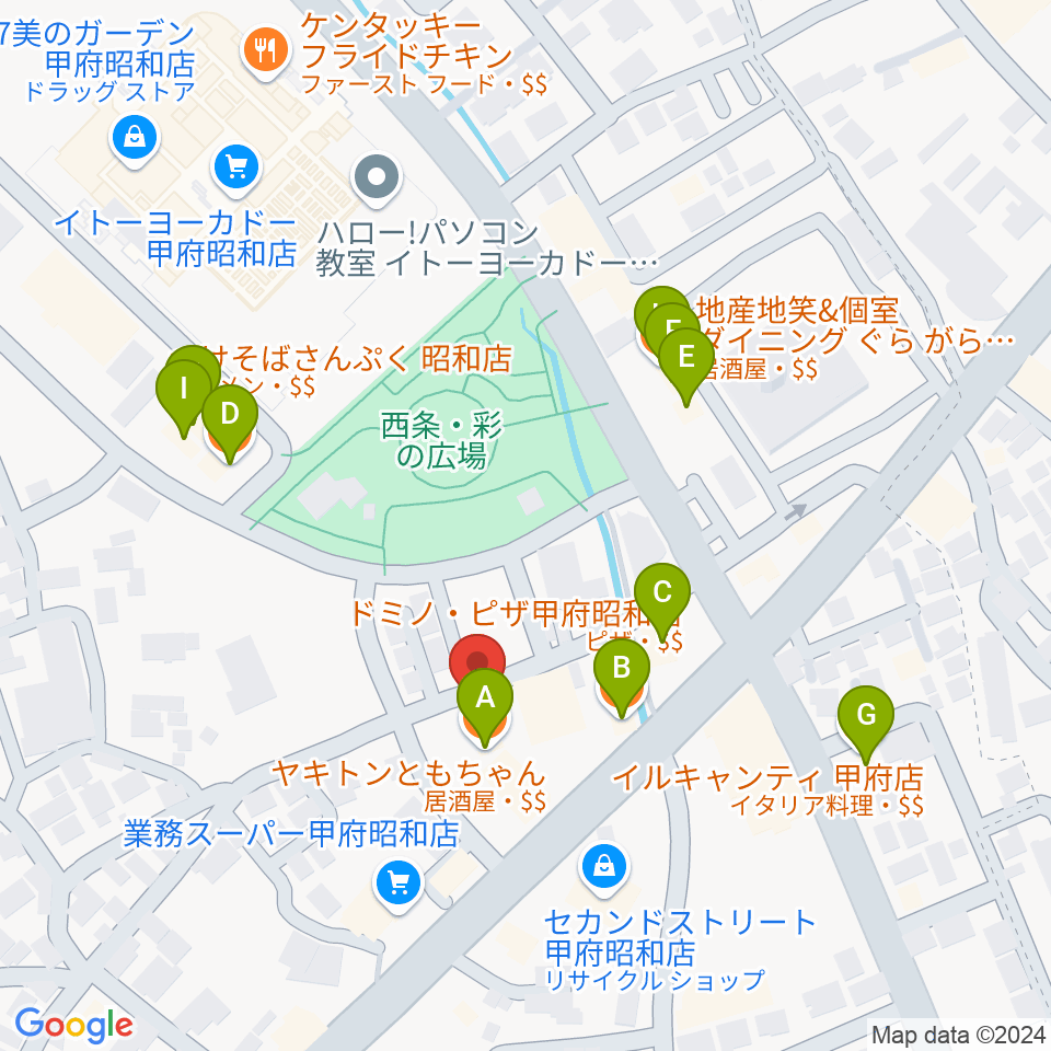 ユニバーサルピアノ周辺のファミレス・ファーストフード一覧地図