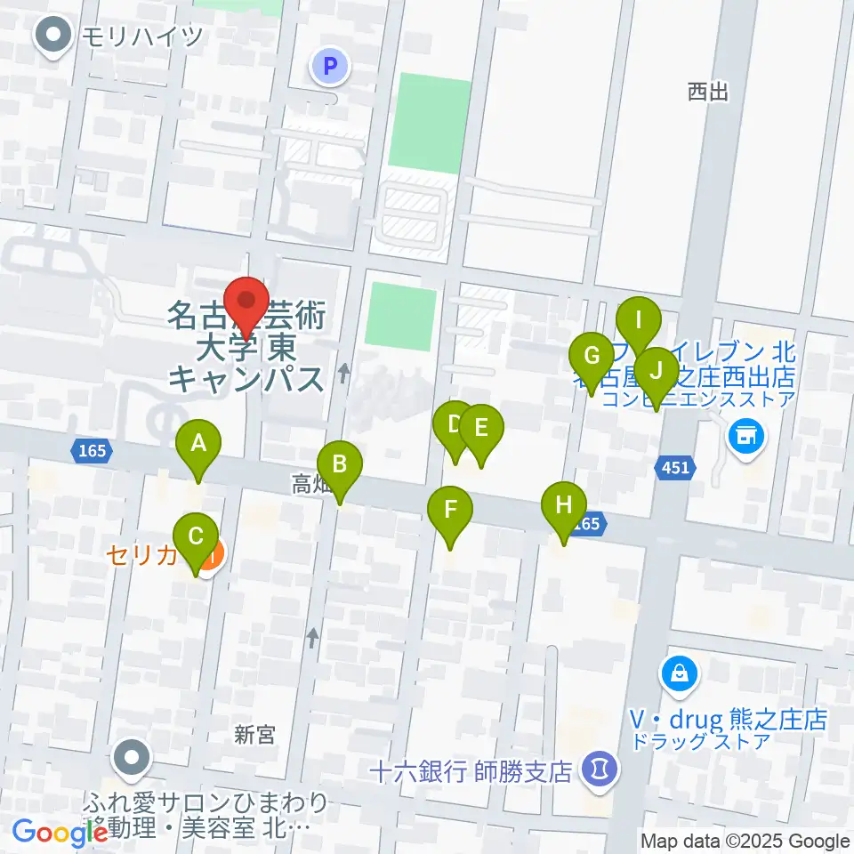 名古屋芸術大学周辺のファミレス・ファーストフード一覧地図