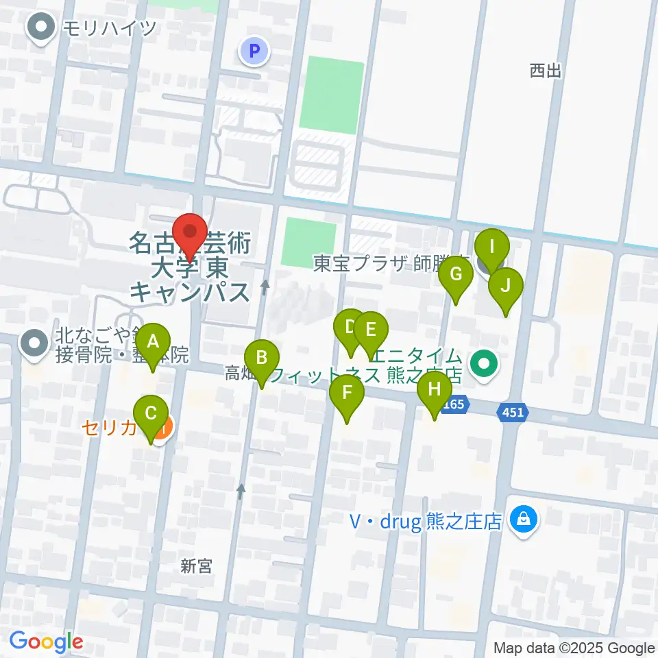 名古屋芸術大学周辺のファミレス・ファーストフード一覧地図