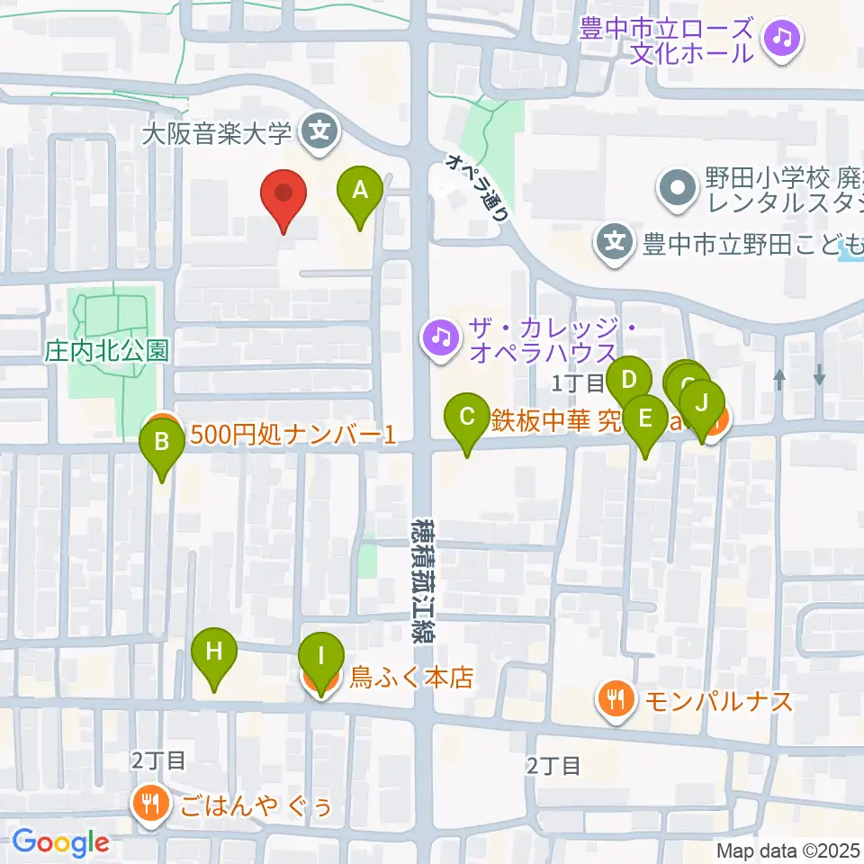 大阪音楽大学付属音楽院周辺のファミレス・ファーストフード一覧地図