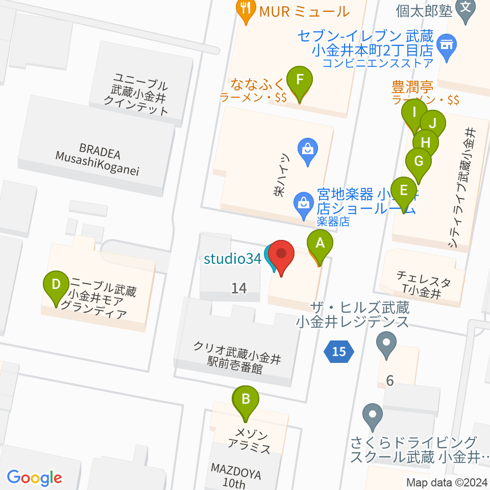 武蔵小金井 studio34周辺のファミレス・ファーストフード一覧地図