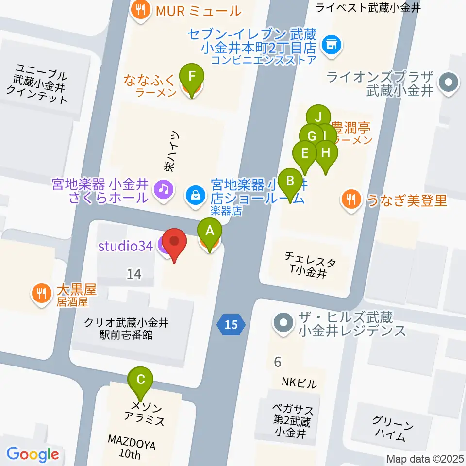 武蔵小金井 studio34周辺のファミレス・ファーストフード一覧地図