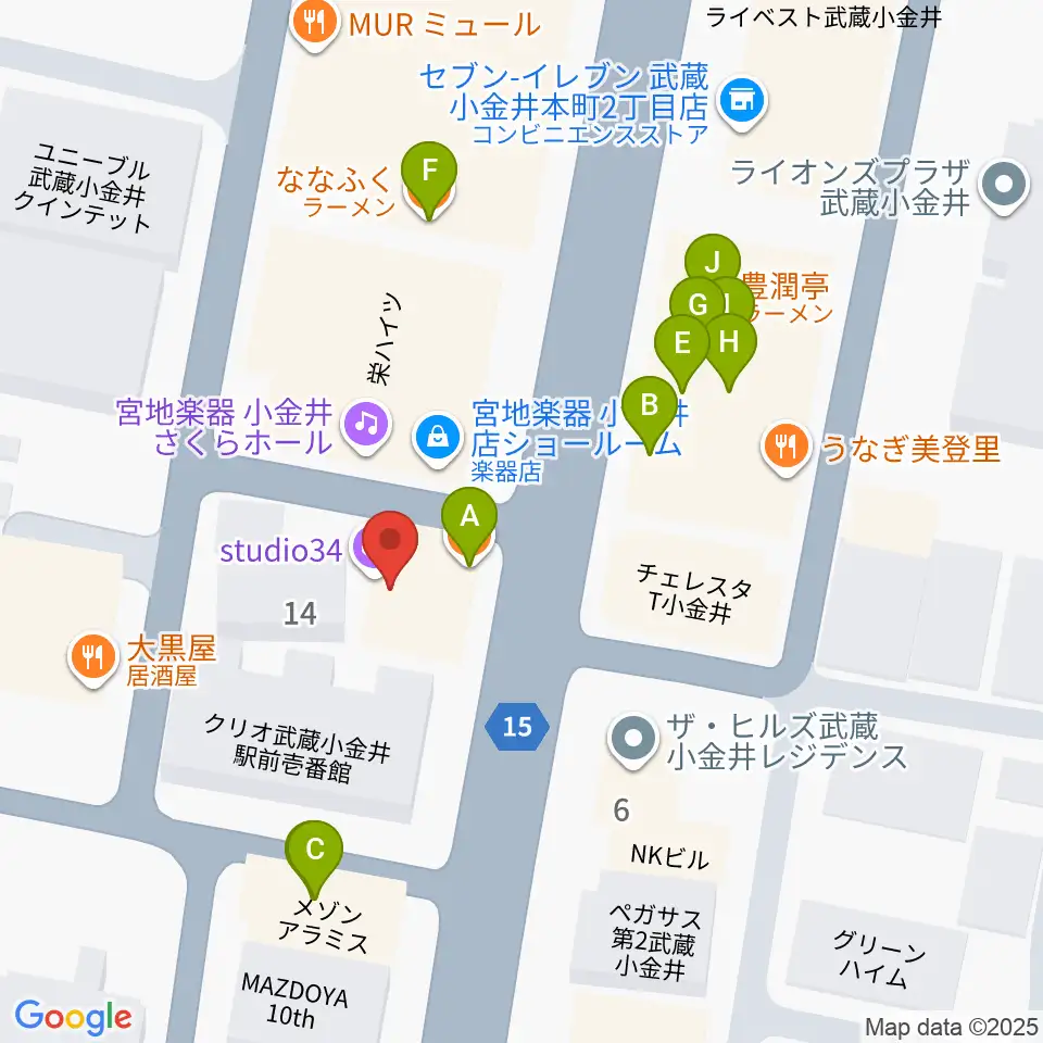 武蔵小金井 studio34周辺のファミレス・ファーストフード一覧地図