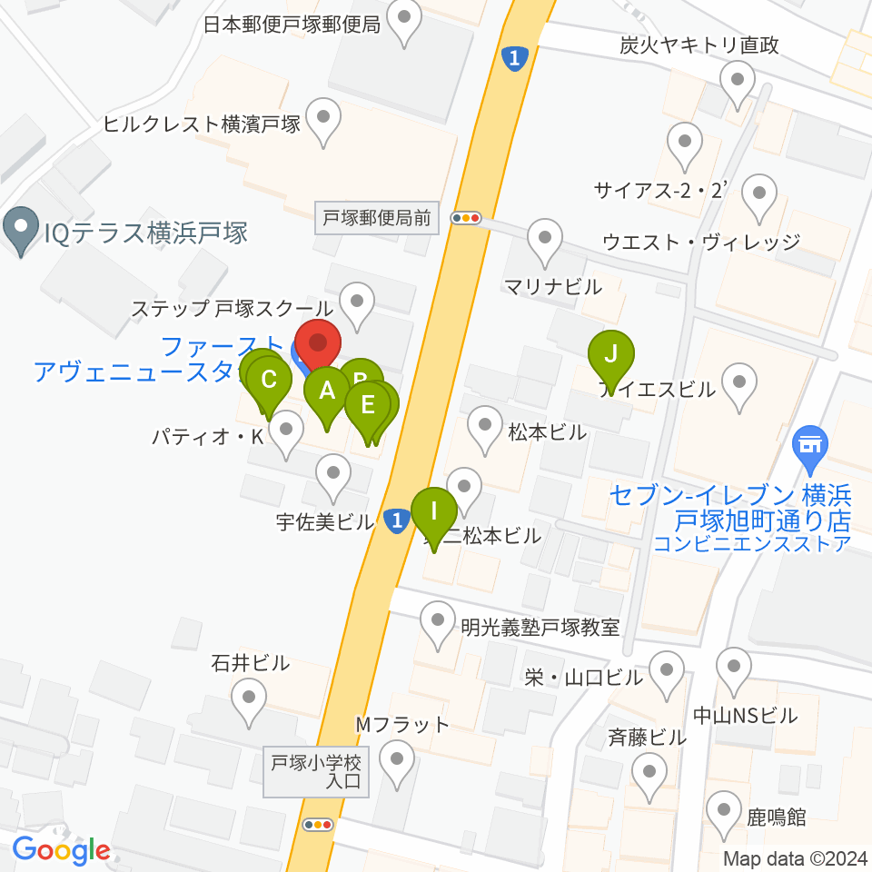 戸塚ファーストアヴェニュー周辺のファミレス・ファーストフード一覧地図