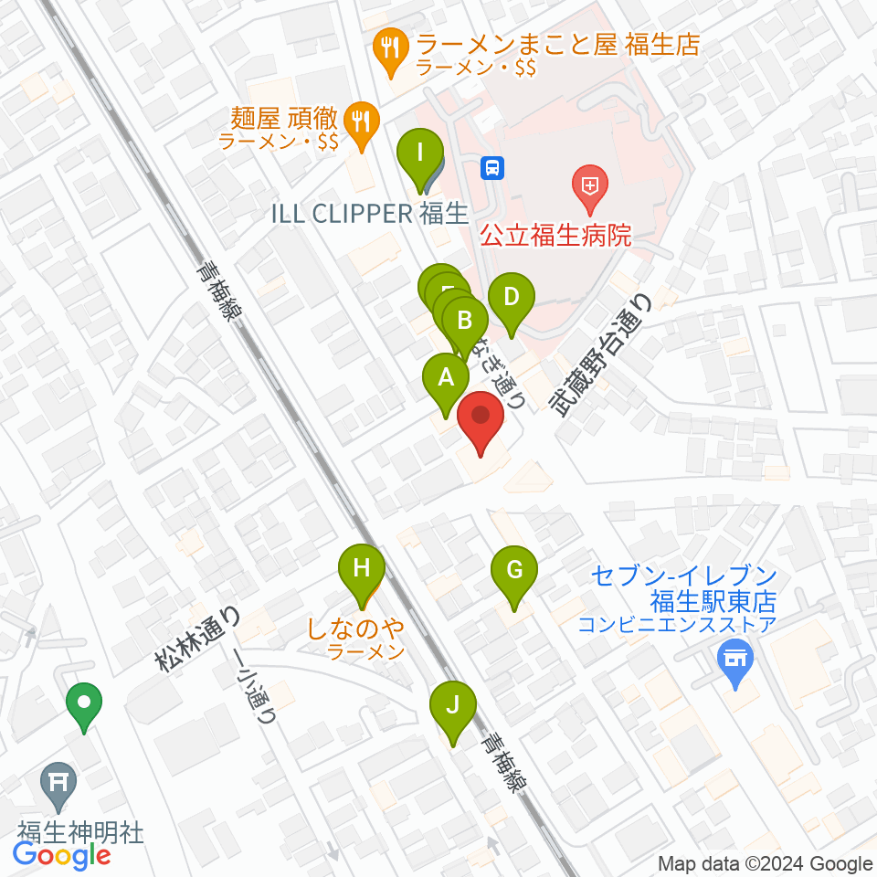 宮地楽器 福生センター周辺のファミレス・ファーストフード一覧地図