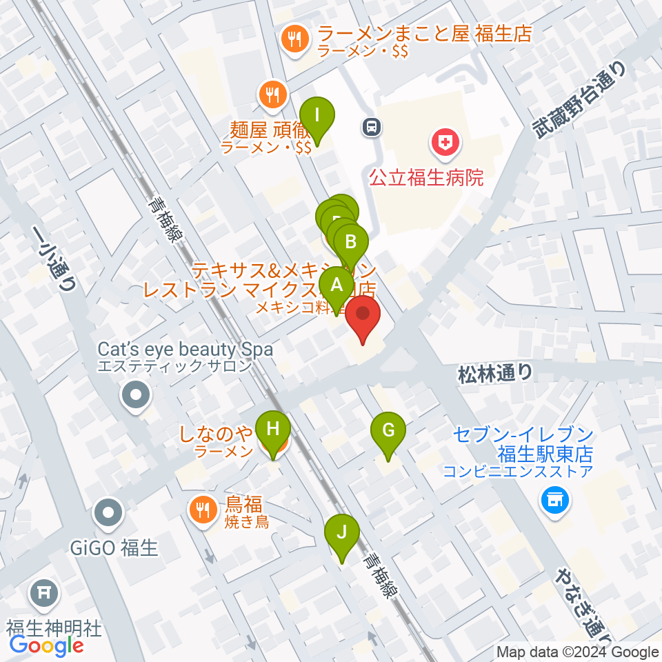 宮地楽器 福生センター周辺のファミレス・ファーストフード一覧地図