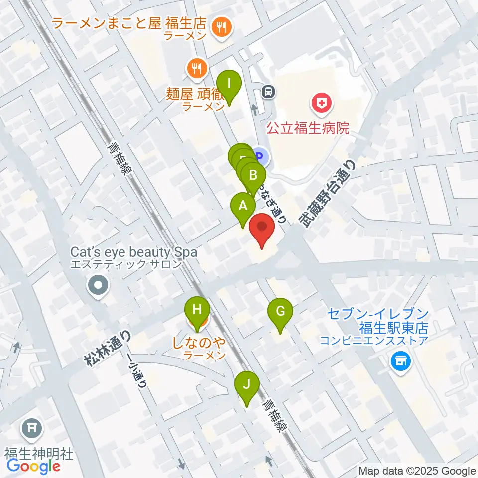 宮地楽器 福生センター周辺のファミレス・ファーストフード一覧地図