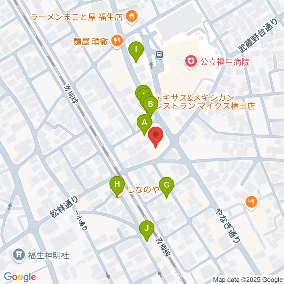 宮地楽器 福生センター周辺のファミレス・ファーストフード一覧地図