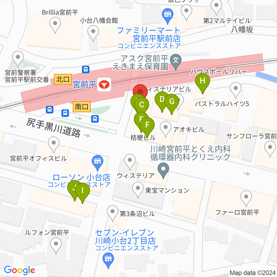 川上楽器 宮前平センター周辺のファミレス・ファーストフード一覧地図