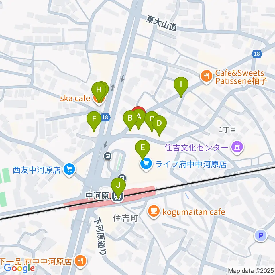 宮地楽器 中河原センター練習室周辺のファミレス・ファーストフード一覧地図