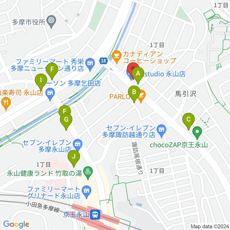 Mスタジオ永山店周辺のファミレス・ファーストフード一覧地図