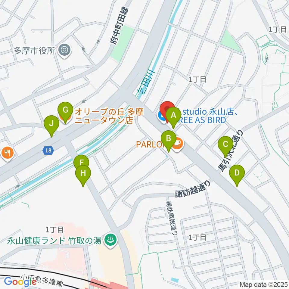 Mスタジオ永山店周辺のファミレス・ファーストフード一覧地図