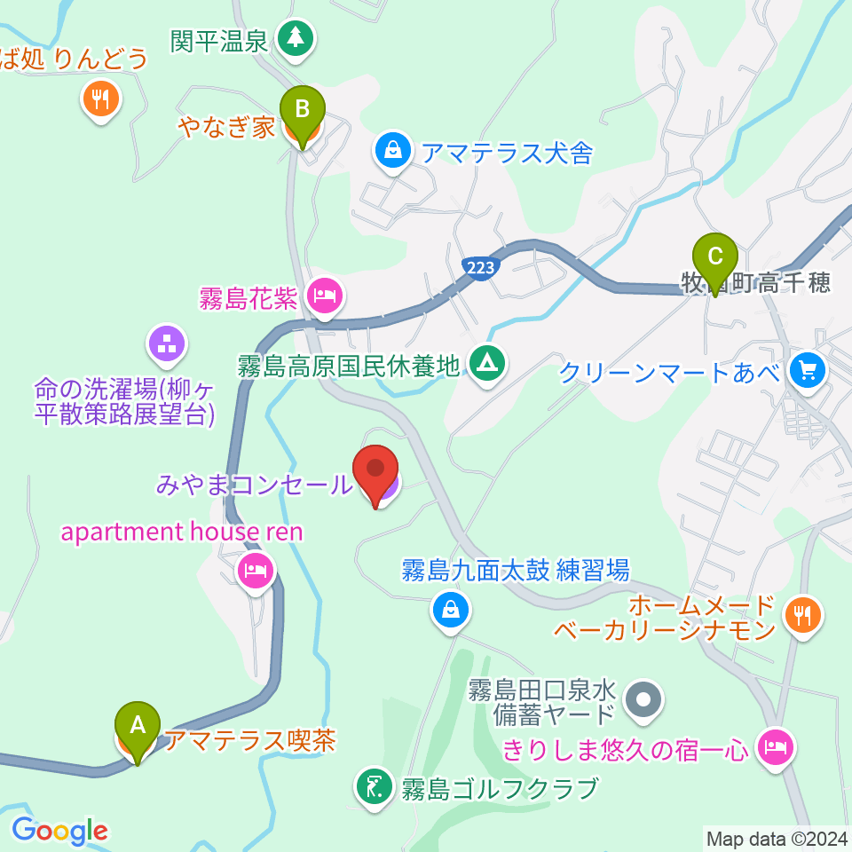 みやまコンセール 練習室周辺のファミレス・ファーストフード一覧地図