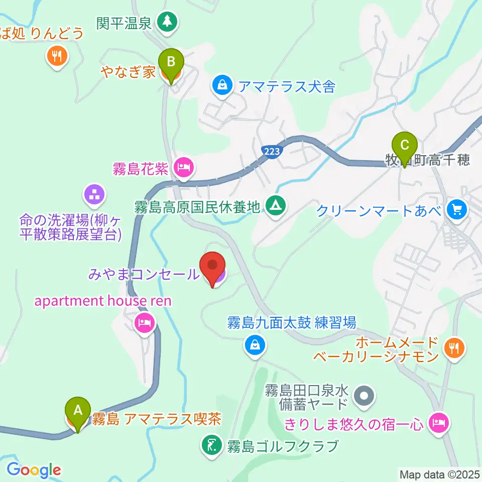 みやまコンセール 練習室周辺のファミレス・ファーストフード一覧地図