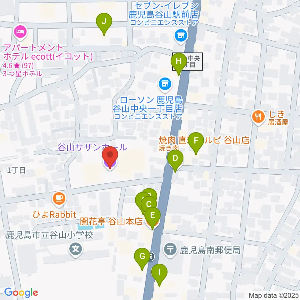 谷山サザンホール周辺のファミレス・ファーストフード一覧地図