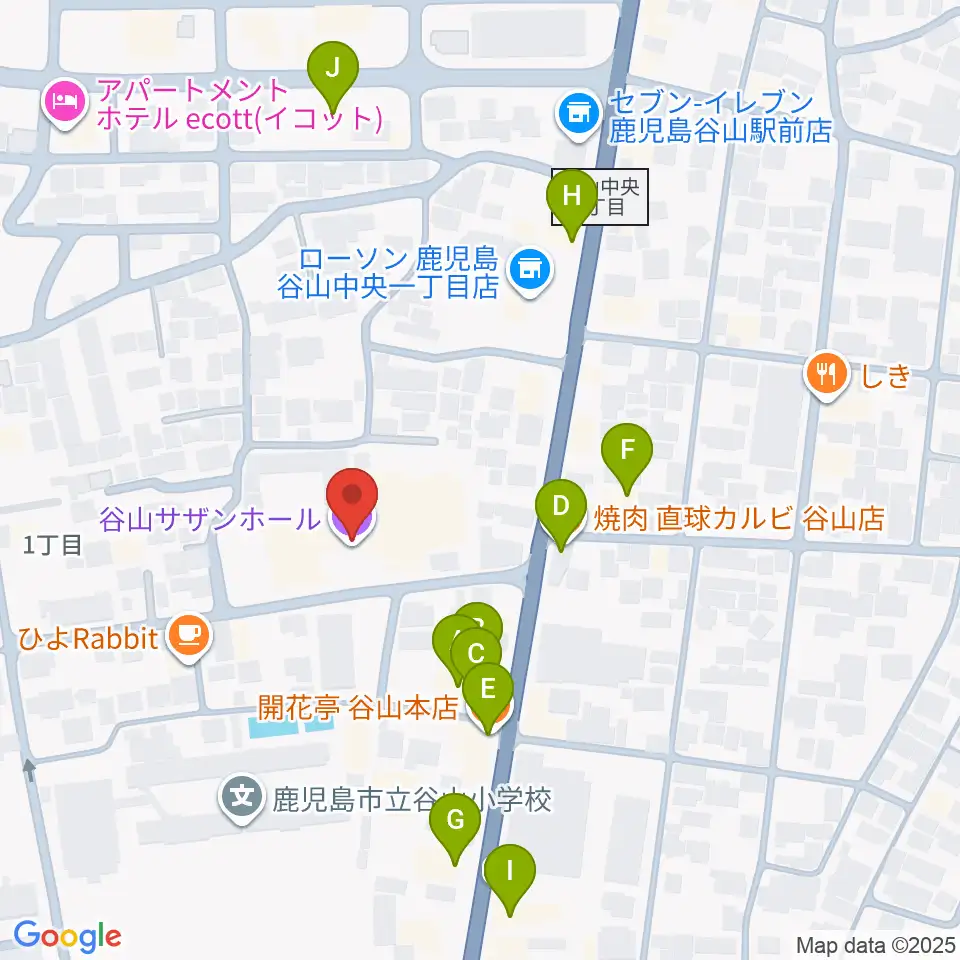 谷山サザンホール周辺のファミレス・ファーストフード一覧地図
