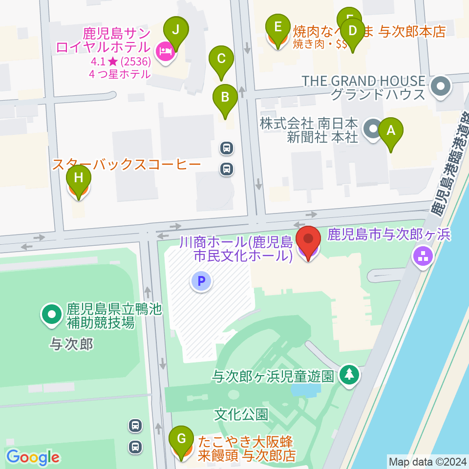 川商ホール周辺のファミレス・ファーストフード一覧地図