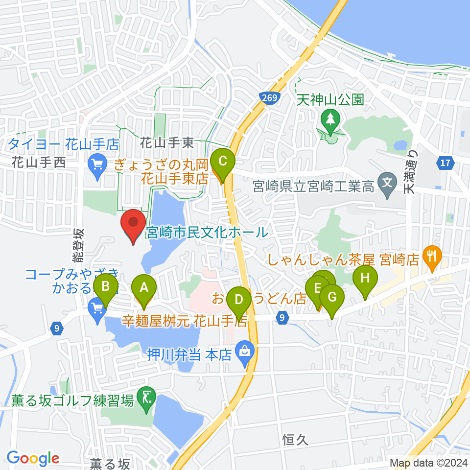 宮崎市民文化ホール周辺のファミレス・ファーストフード一覧地図