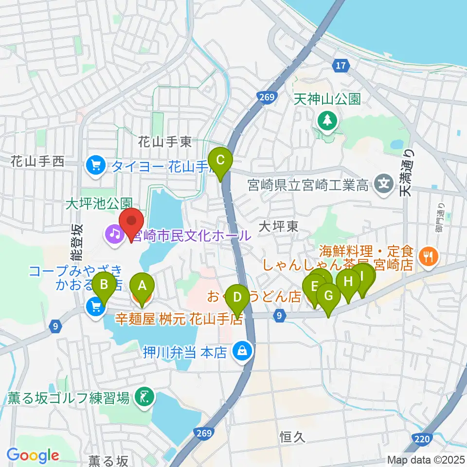 宮崎市民文化ホール周辺のファミレス・ファーストフード一覧地図