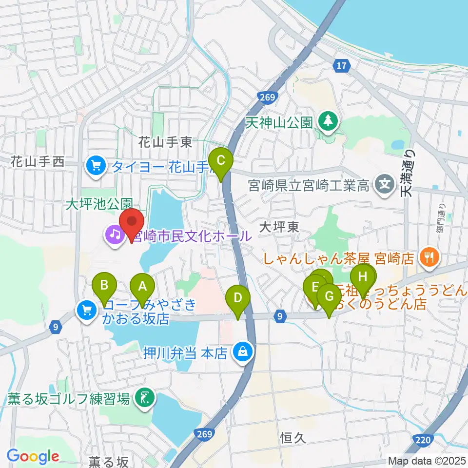 宮崎市民文化ホール周辺のファミレス・ファーストフード一覧地図