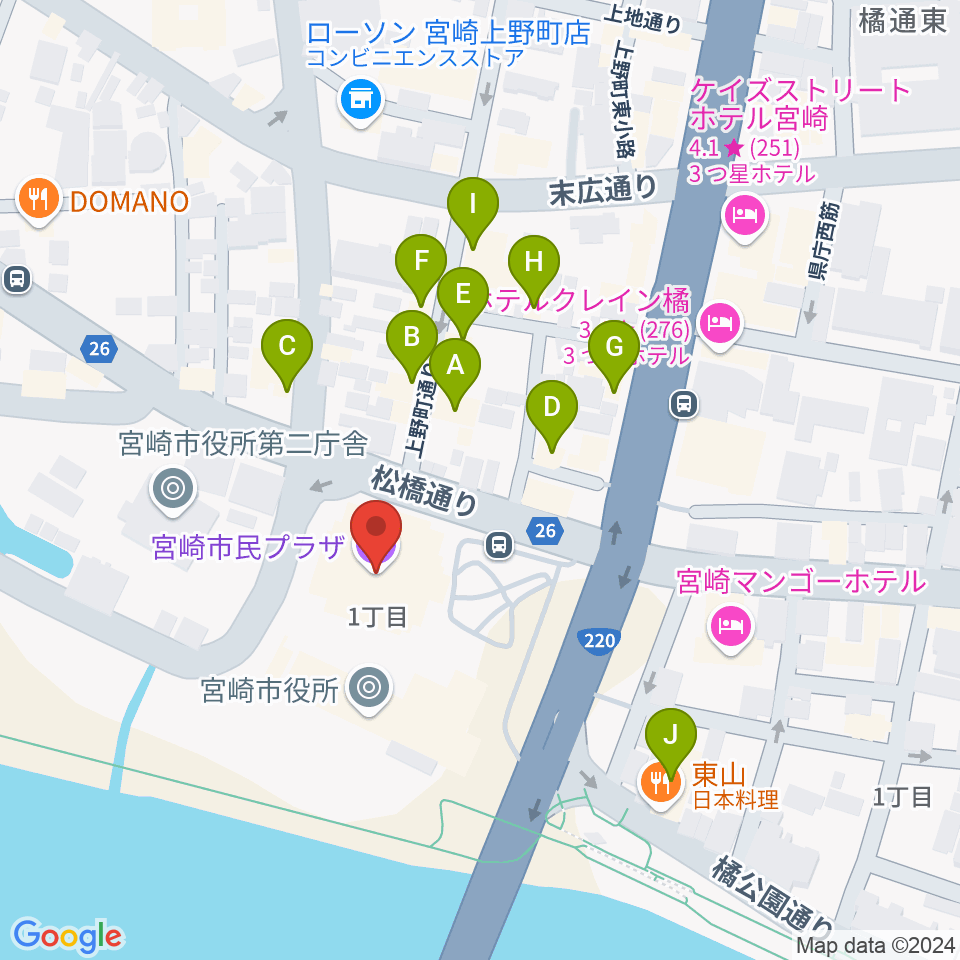 宮崎市民プラザ周辺のファミレス・ファーストフード一覧地図