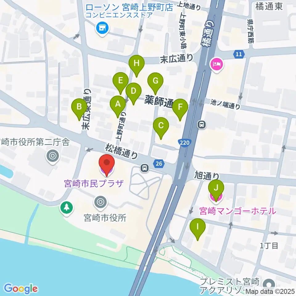 宮崎市民プラザ周辺のファミレス・ファーストフード一覧地図