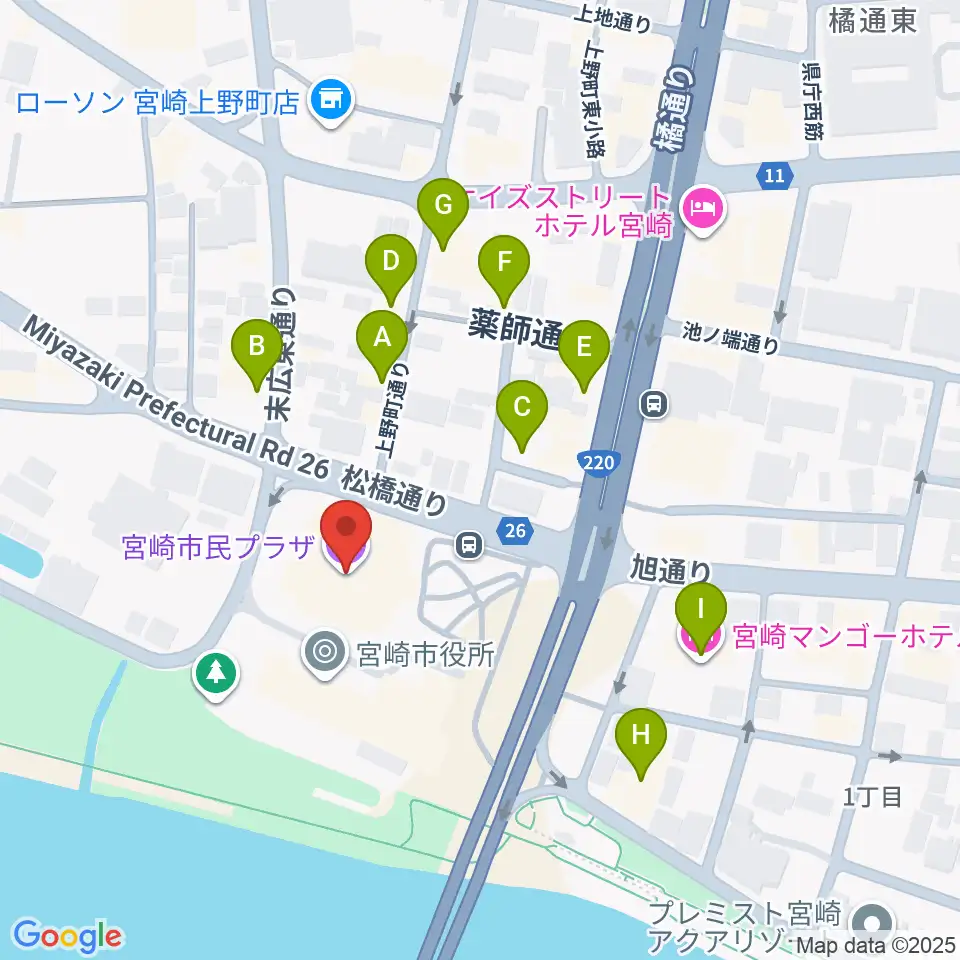 宮崎市民プラザ周辺のファミレス・ファーストフード一覧地図