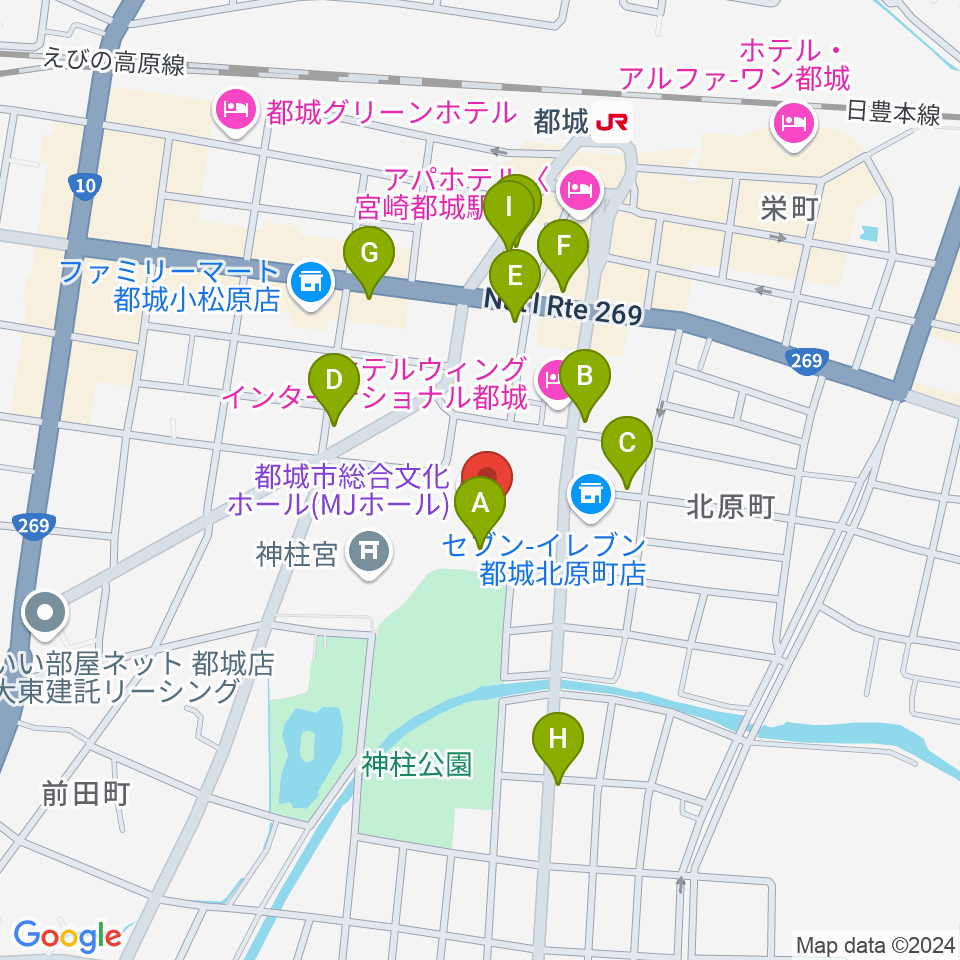 都城市総合文化ホール周辺のファミレス・ファーストフード一覧地図