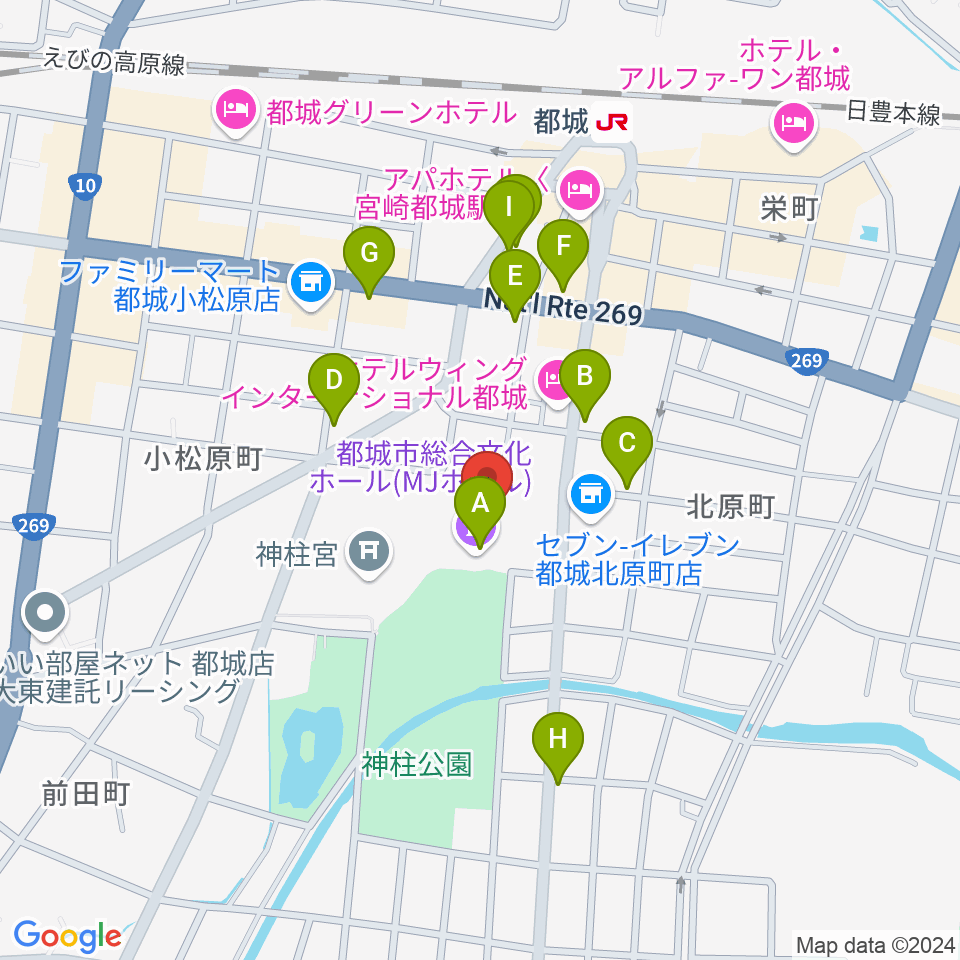 都城市総合文化ホール周辺のファミレス・ファーストフード一覧地図