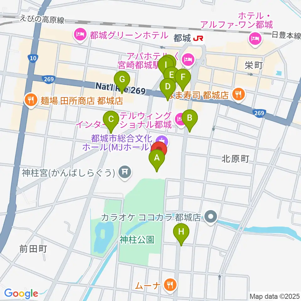 都城市総合文化ホール周辺のファミレス・ファーストフード一覧地図