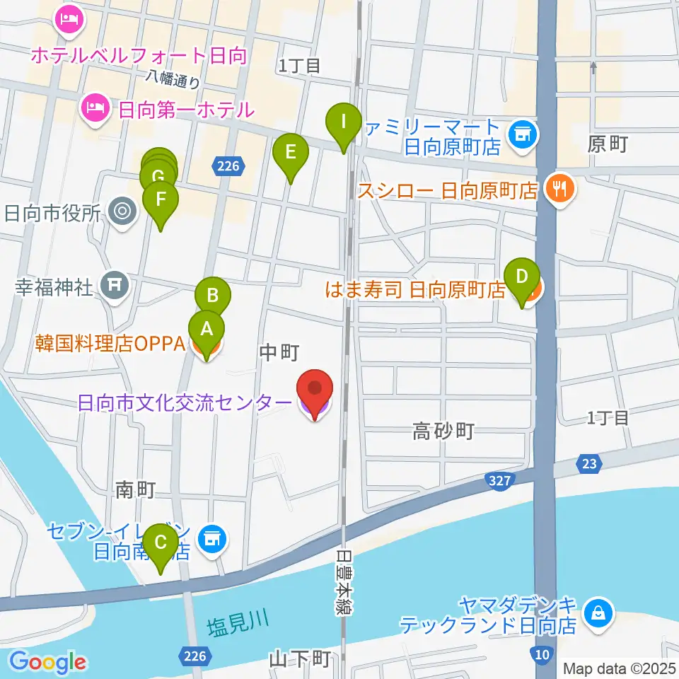 日向市文化交流センター周辺のファミレス・ファーストフード一覧地図