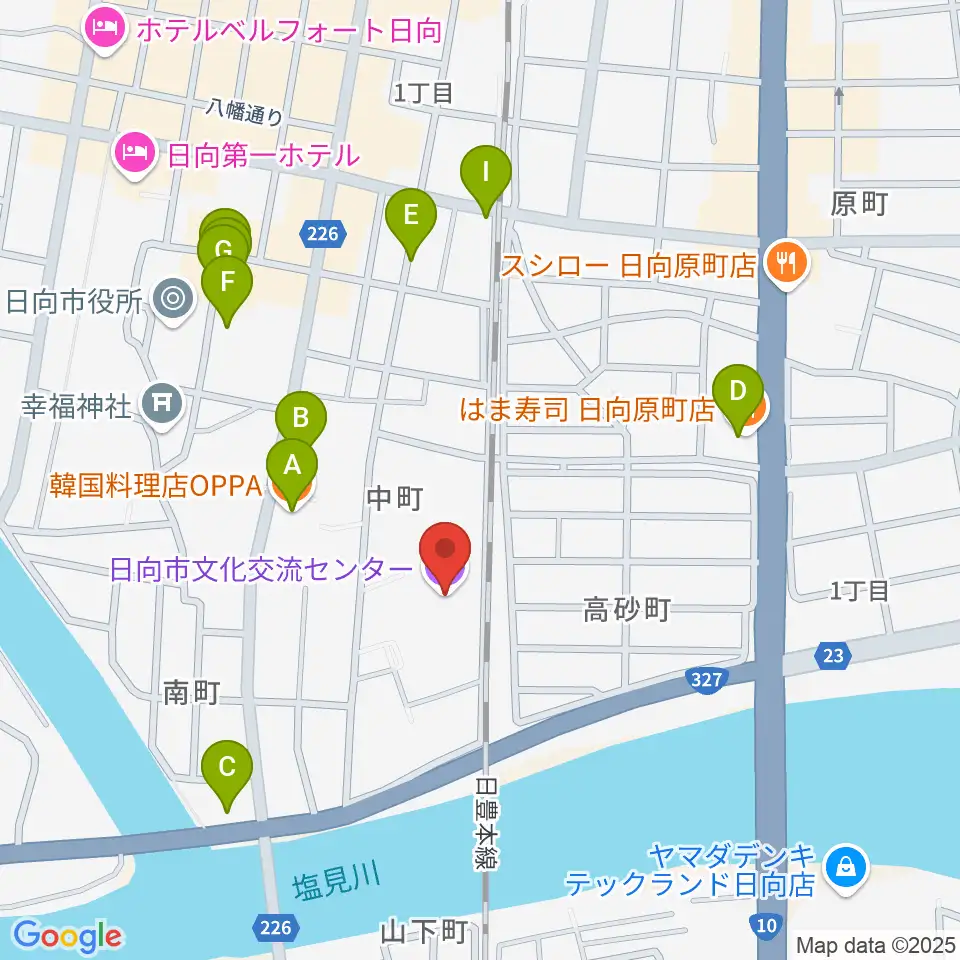 日向市文化交流センター周辺のファミレス・ファーストフード一覧地図
