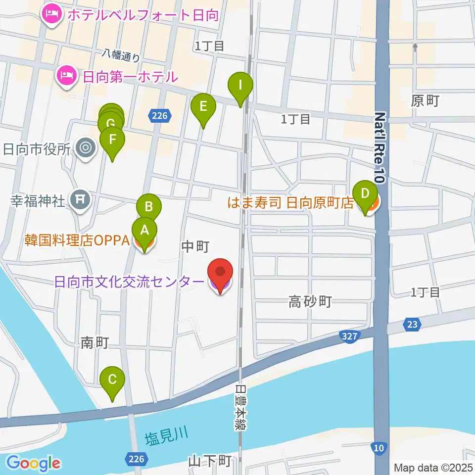 日向市文化交流センター周辺のファミレス・ファーストフード一覧地図