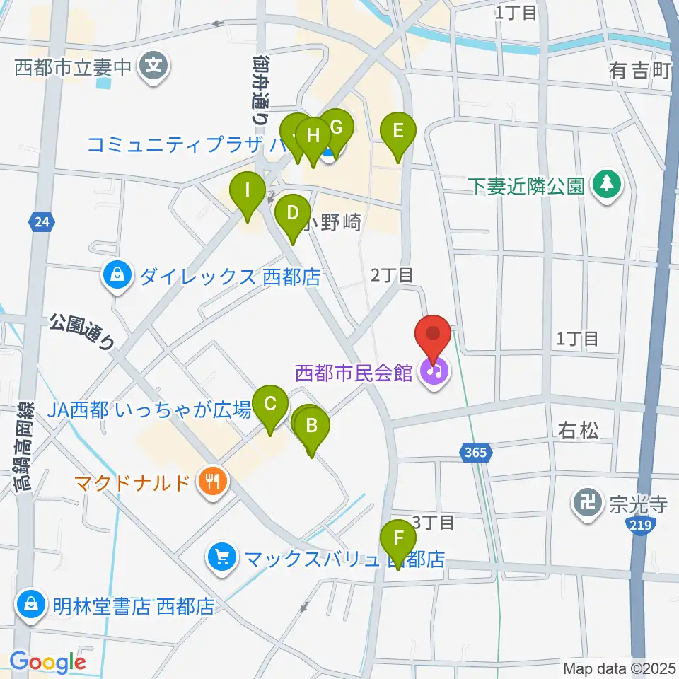 西都市民会館周辺のファミレス・ファーストフード一覧地図