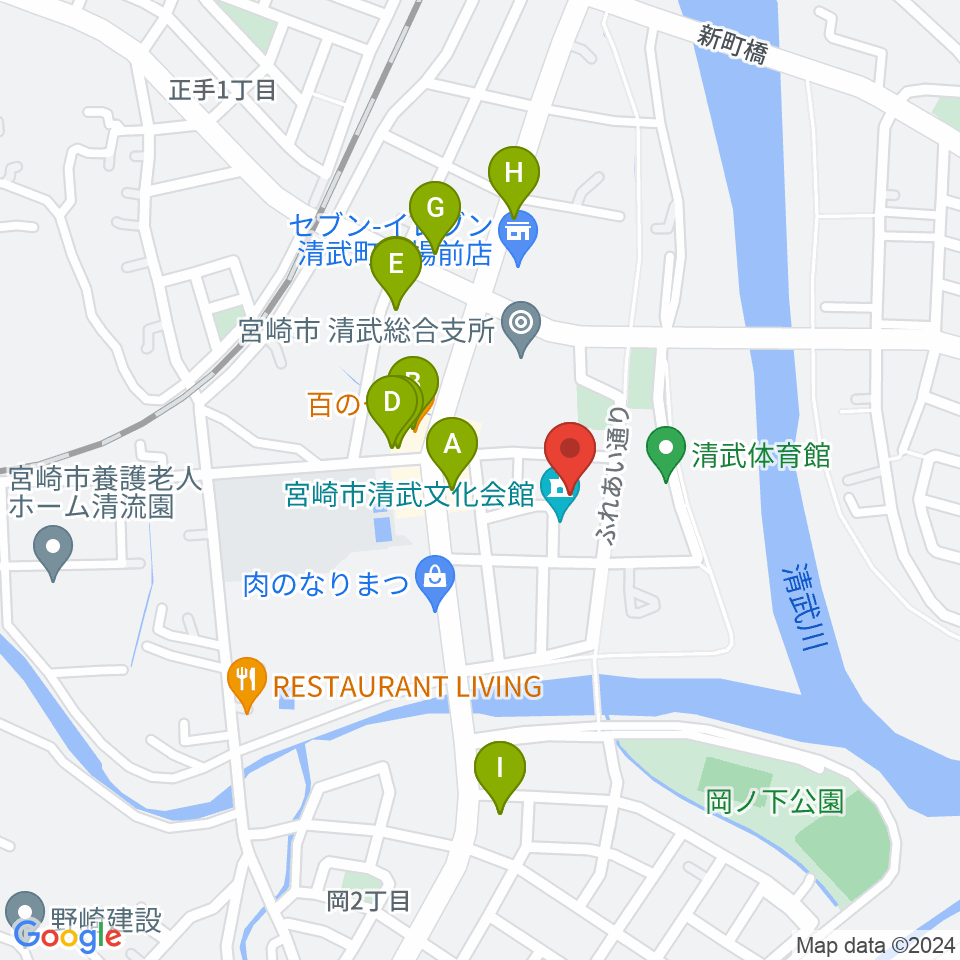 宮崎市清武文化会館周辺のファミレス・ファーストフード一覧地図