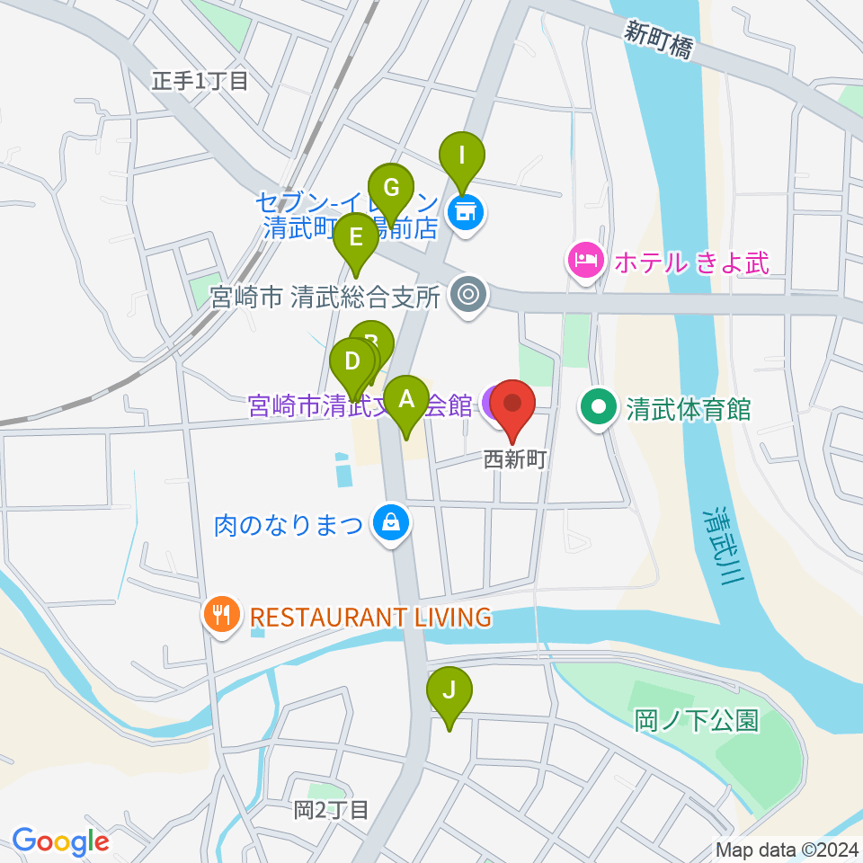 宮崎市清武文化会館周辺のファミレス・ファーストフード一覧地図