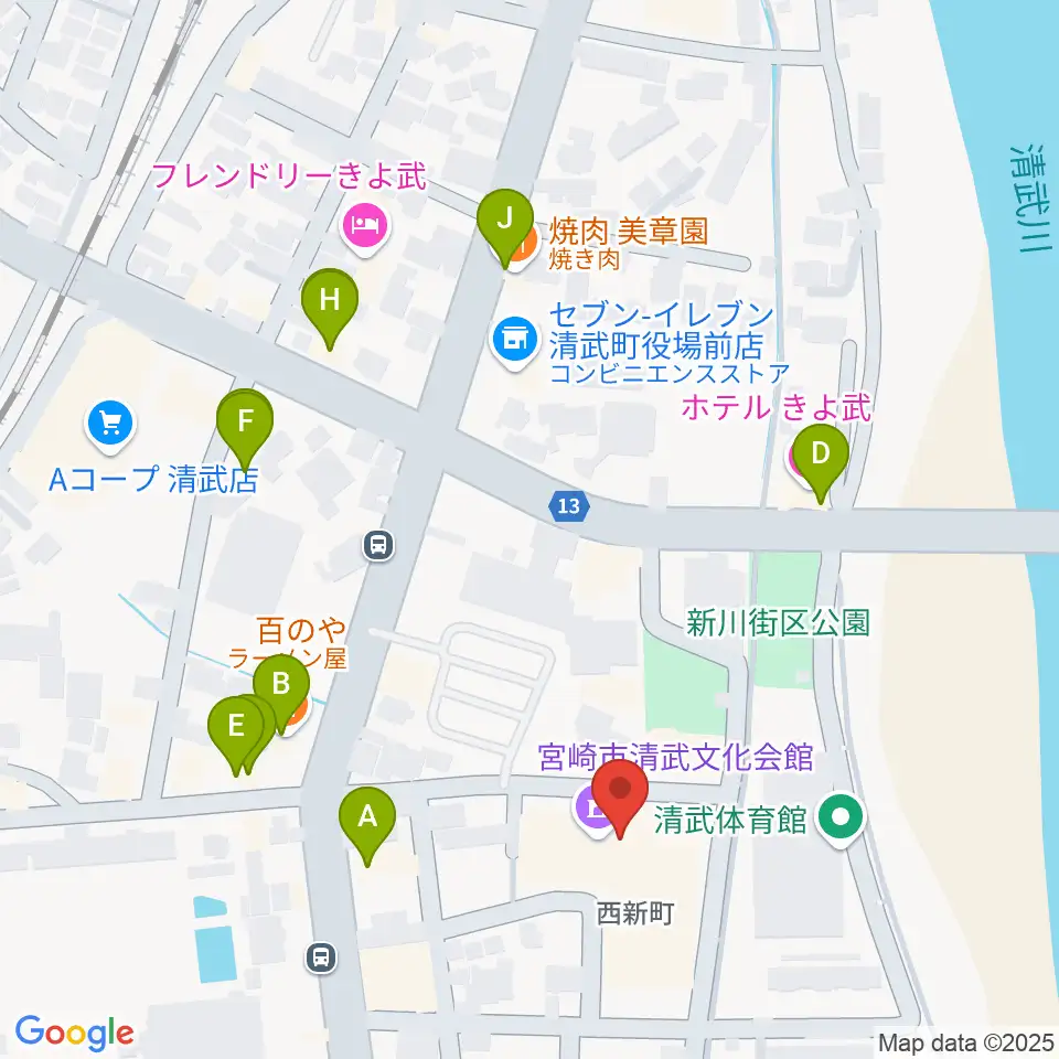 宮崎市清武文化会館周辺のファミレス・ファーストフード一覧地図