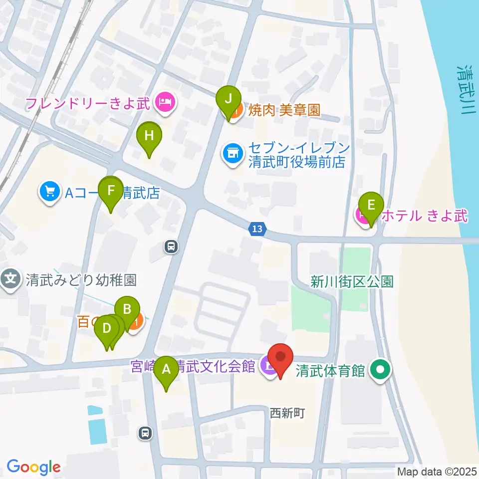宮崎市清武文化会館周辺のファミレス・ファーストフード一覧地図