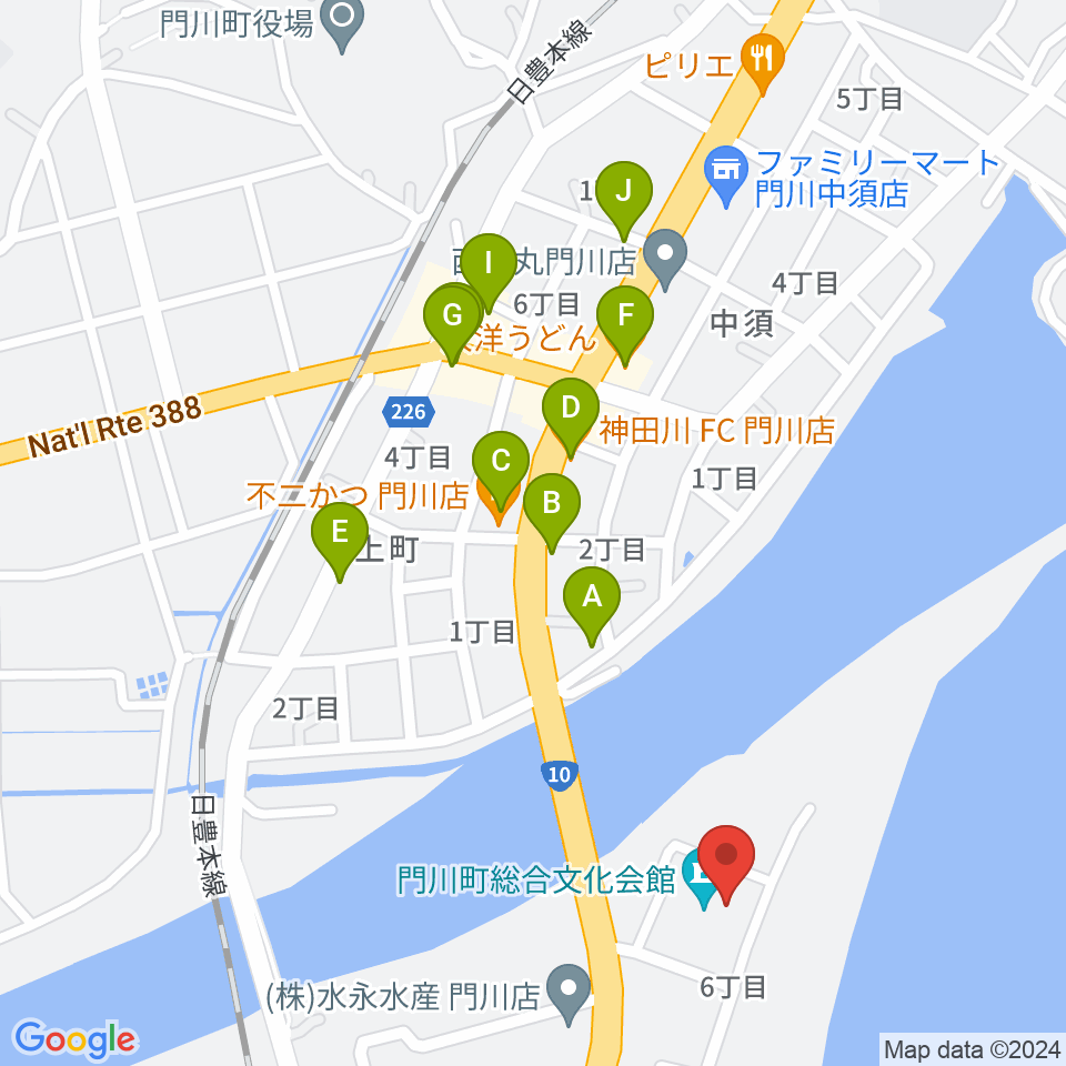 門川町総合文化会館周辺のファミレス・ファーストフード一覧地図