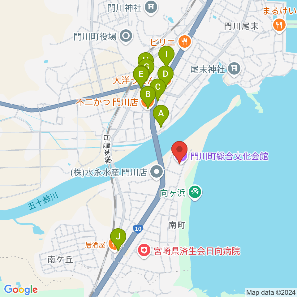 門川町総合文化会館周辺のファミレス・ファーストフード一覧地図